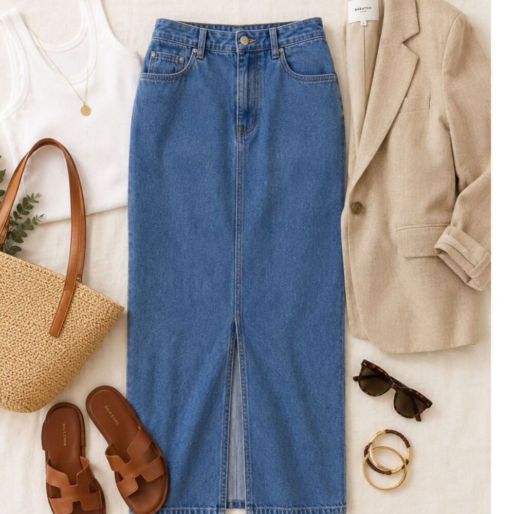 Women's Denim Maxi Skirt Blue Jean Front Slit 5 Pocket Bill Blass Size 10